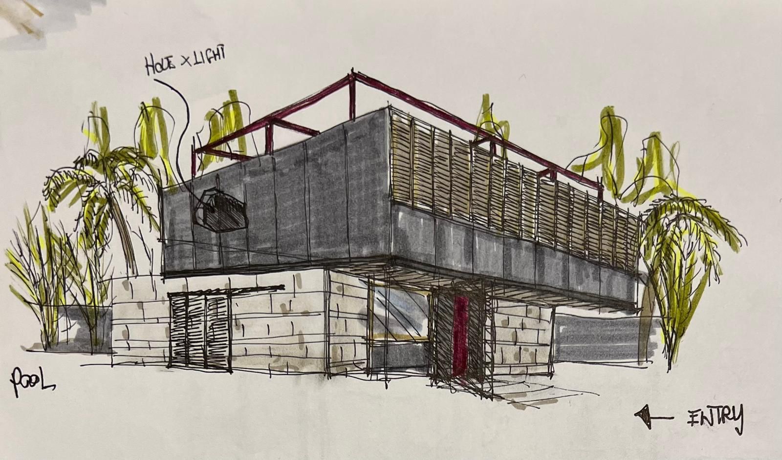 Sketch prospettico iniziale della villa